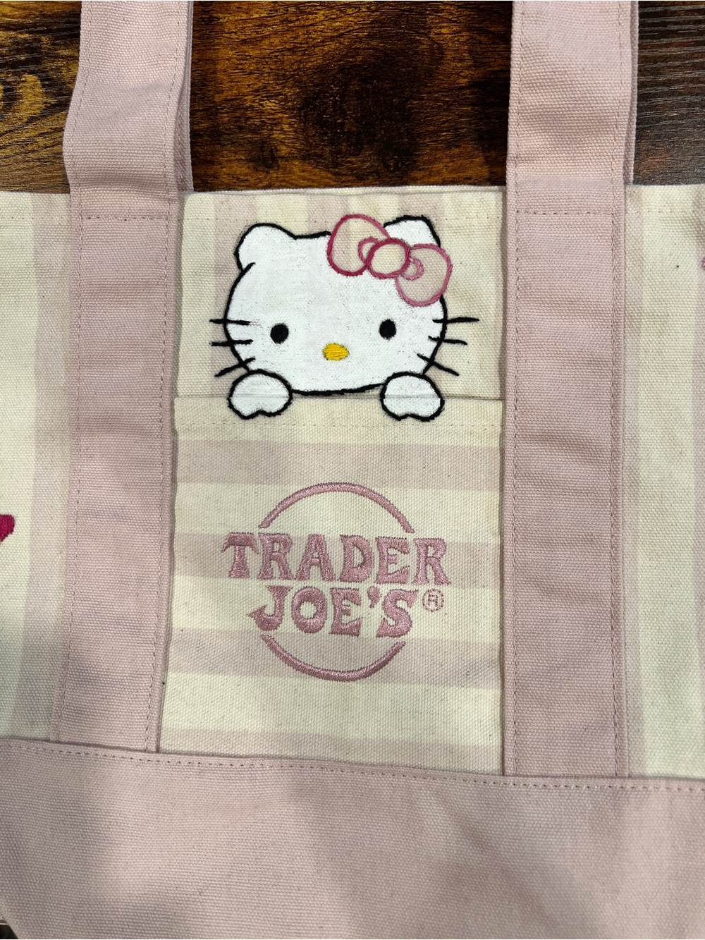 Viral Trader Joes Pink Stripe Canvas Tote Bag - hand embroidered / hand painted - Picture 4 of 7